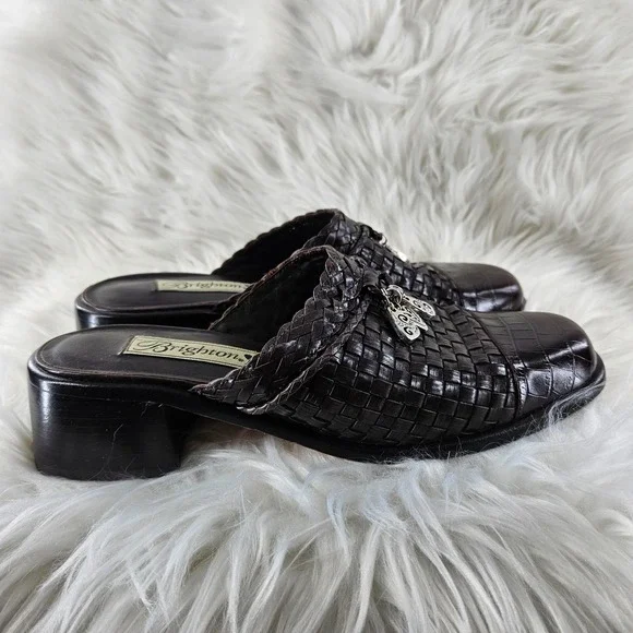 Brighton Franki Mules Womens 8 Brown Leather Croc Alligator Embossed Woven Charm - Picture 4 of 13